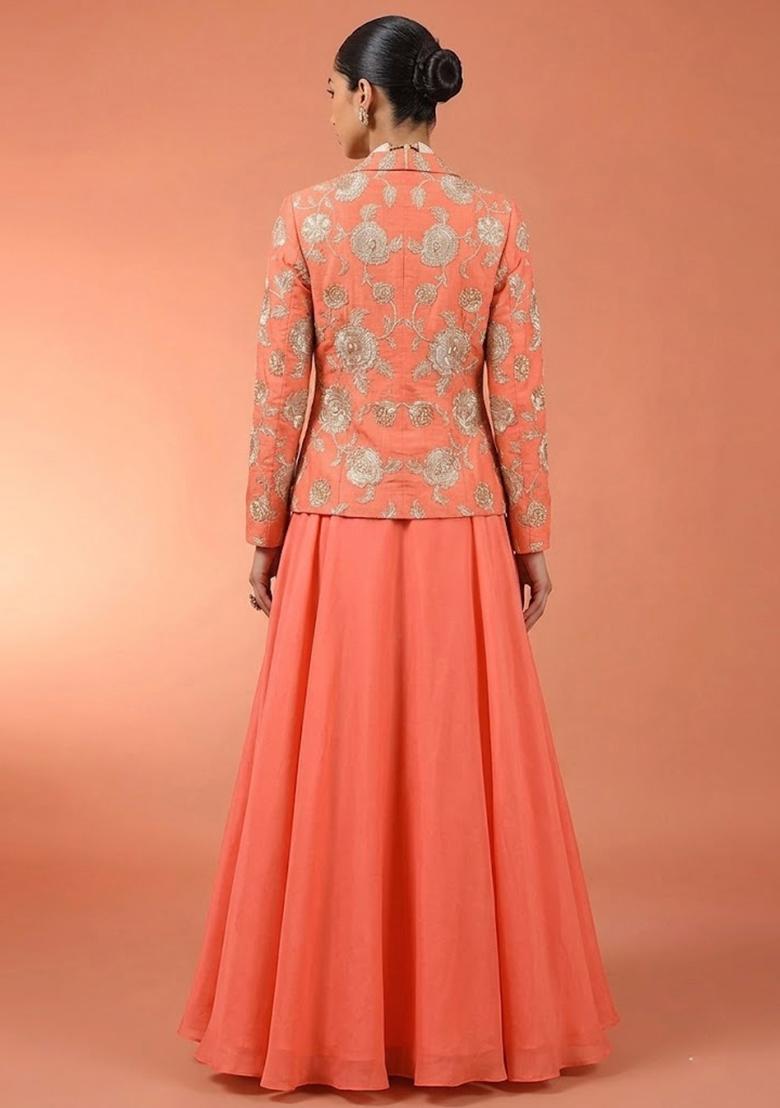 Coral Embroidered Chanderi Fusion Set - Indya