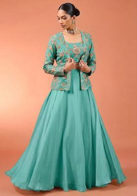 Ice Blue Embroidered Chanderi Fusion Set