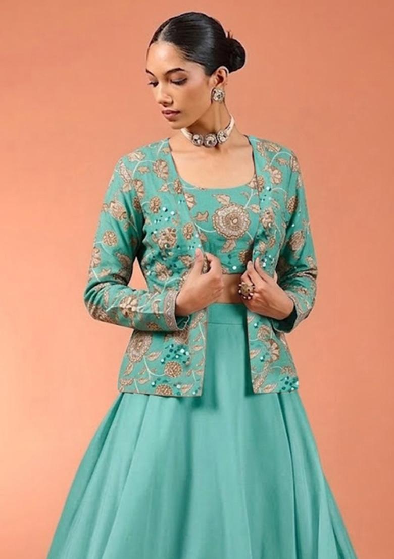 Ice Blue Embroidered Chanderi Fusion Set - Indya