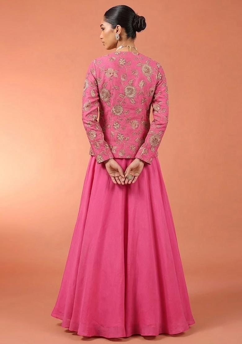 Pink Embroidered Chanderi Fusion Set - Indya