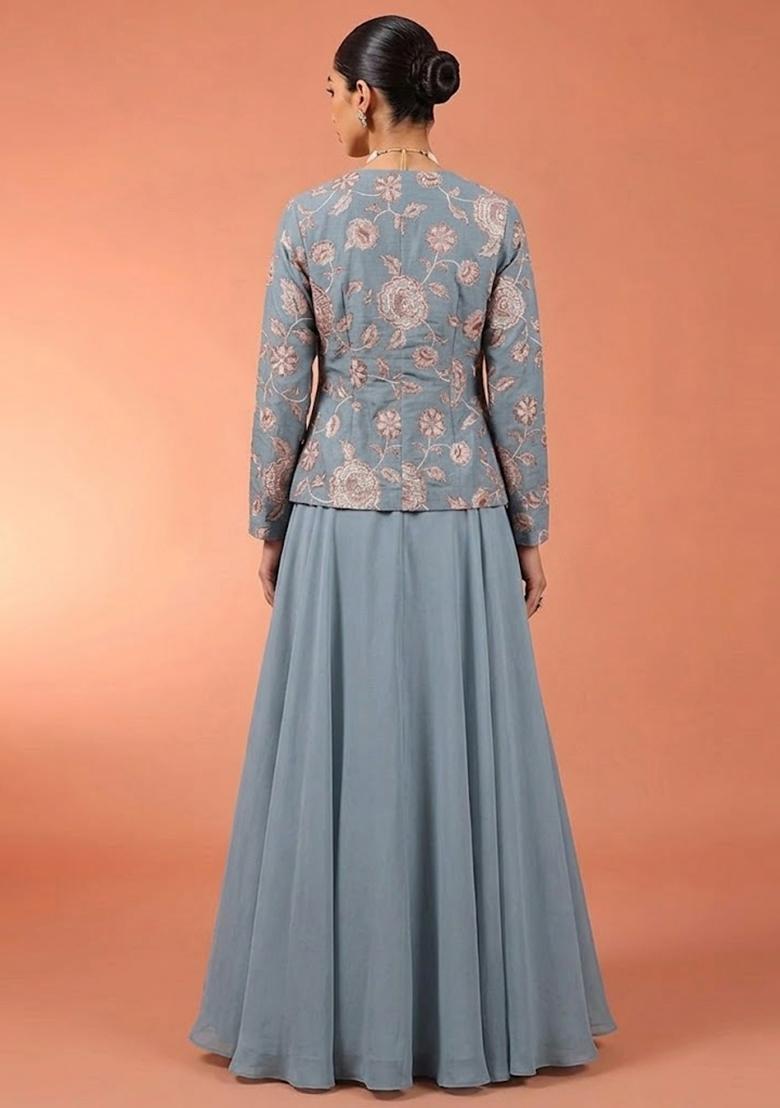 Grey Embroidered Chanderi Fusion Set - Indya