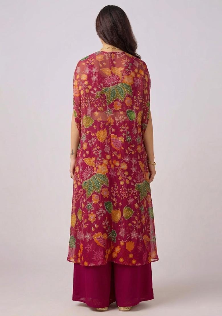 Magenta Pink Embroidered Organza Lehenga Set - Indya