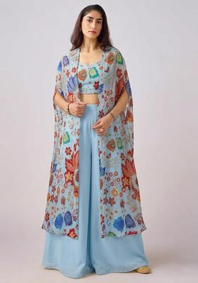 Ice Blue Embroidered Organza Lehenga Set