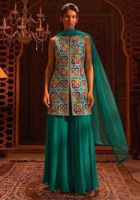 Teal Green Printed Crepe Sharara Set