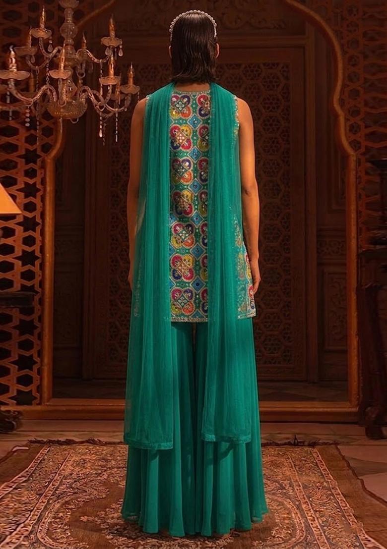 Teal Green Printed Crepe Sharara Set - Indya