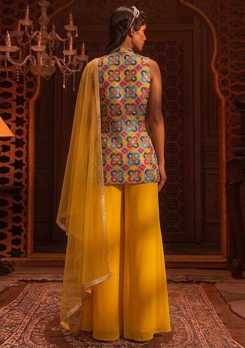 Yellow Printed Crepe Sharara Set - Indya