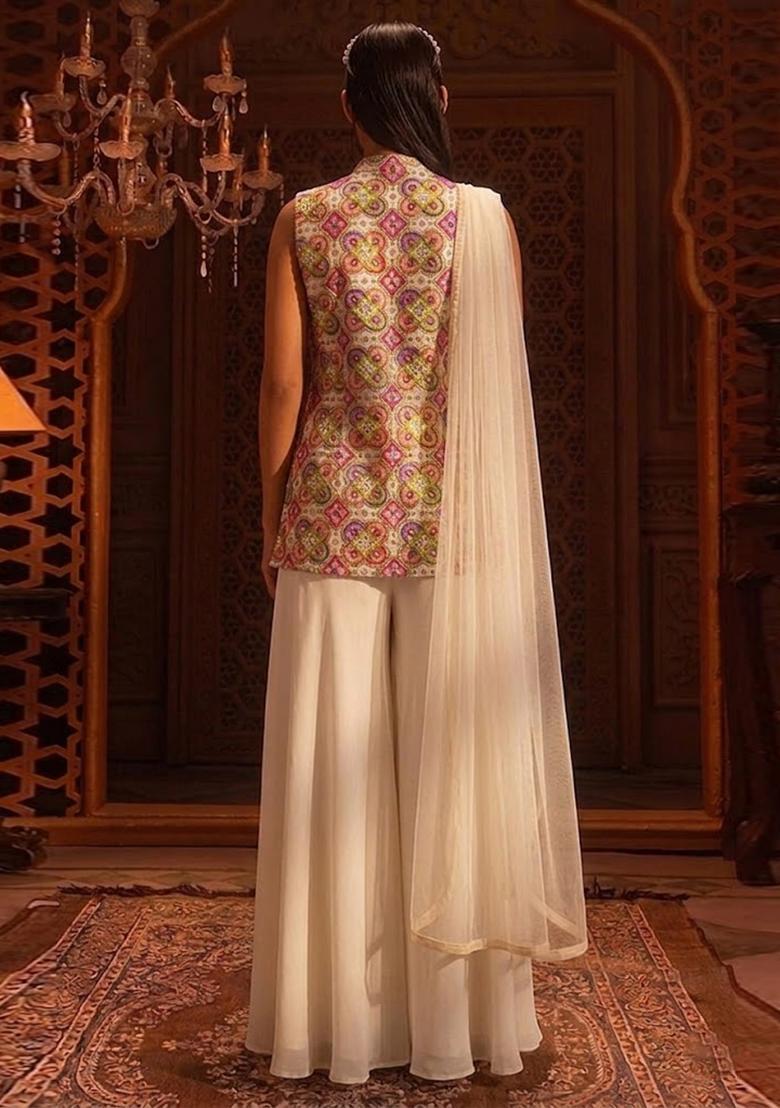 White Printed Crepe Sharara Set - Indya