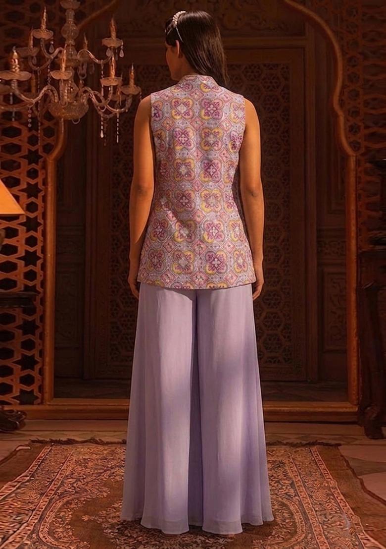 Lavender Purple Printed Crepe Sharara Set - Indya