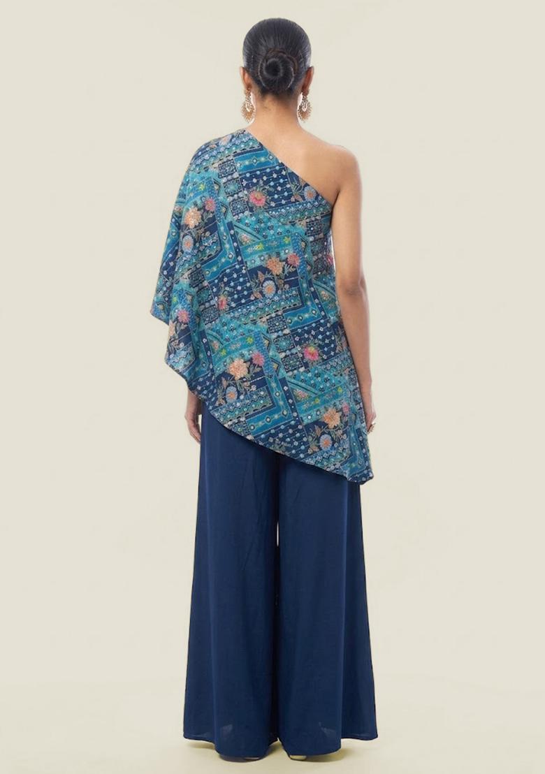 Blue Printed Crepe Fusion Set - Indya