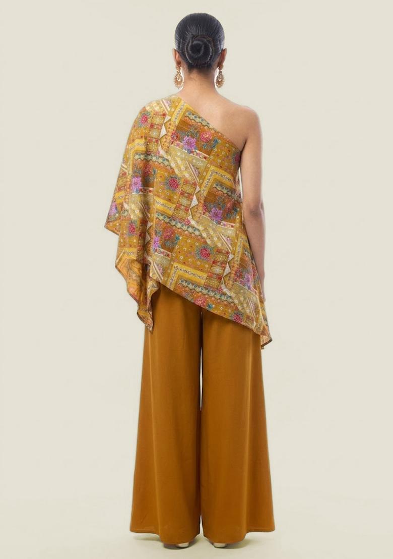 Mustard Yellow Printed Crepe Fusion Set - Indya