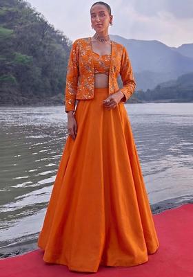 Tangerine Orange Embroidered Crepe Fusion Set