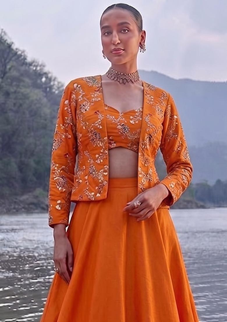 Tangerine Orange Embroidered Crepe Fusion Set - Indya