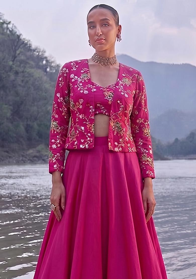 Magenta Pink Embroidered Crepe Fusion Set - Indya