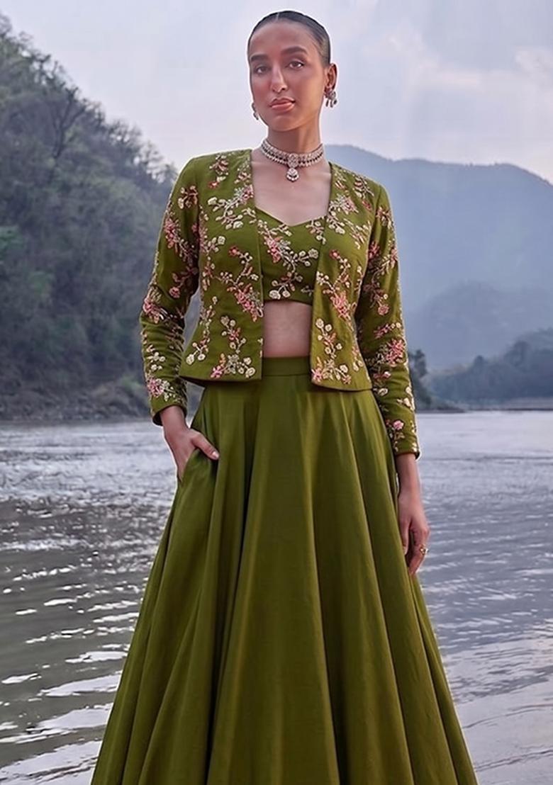 Olive Green Embroidered Crepe Fusion Set - Indya
