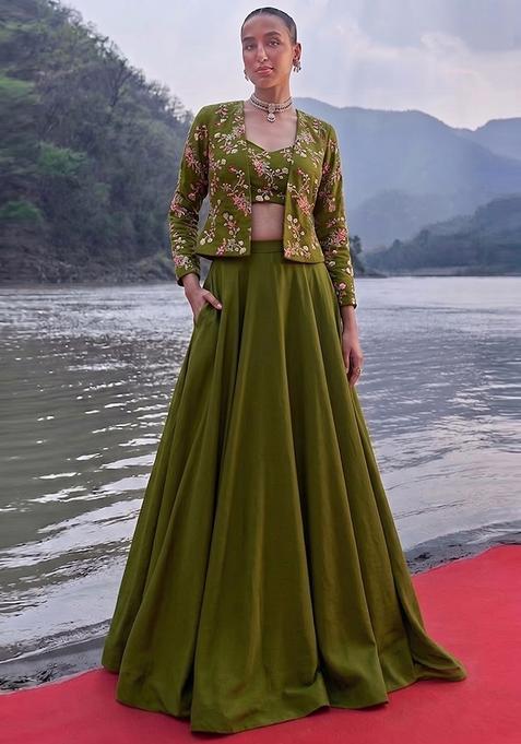 Olive Green Embroidered Crepe Fusion Set