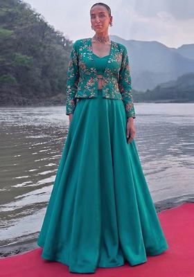Blue Embroidered Crepe Fusion Set