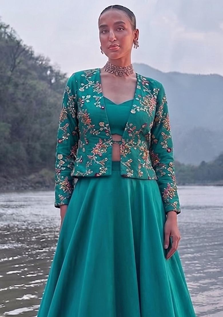 Blue Embroidered Crepe Fusion Set - Indya