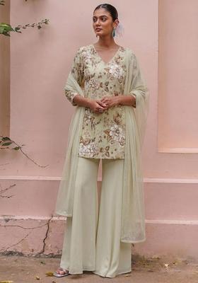 Mint Green Printed Crepe Sharara Set