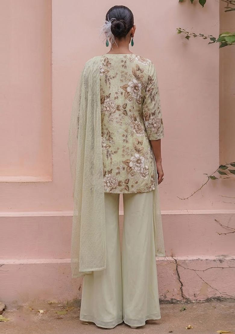 Mint Green Printed Crepe Sharara Set - Indya