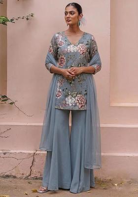 Steel Grey Printed Crepe Sharara Set