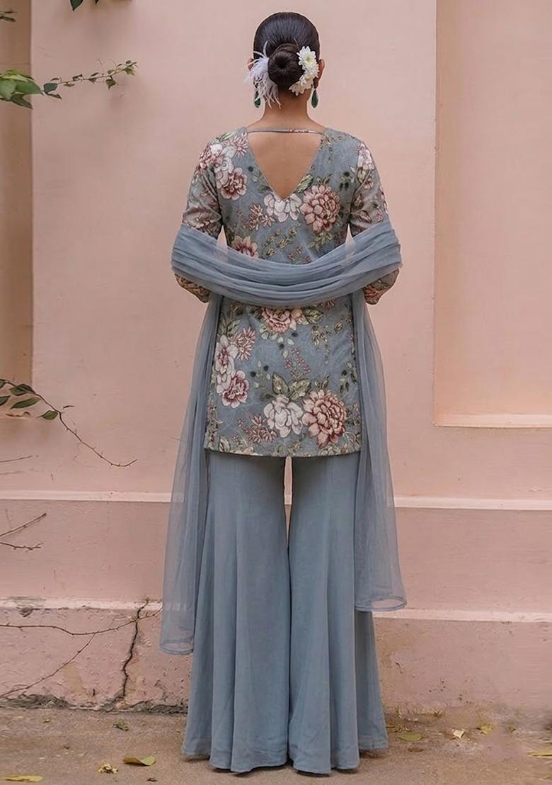 Steel Grey Printed Crepe Sharara Set - Indya