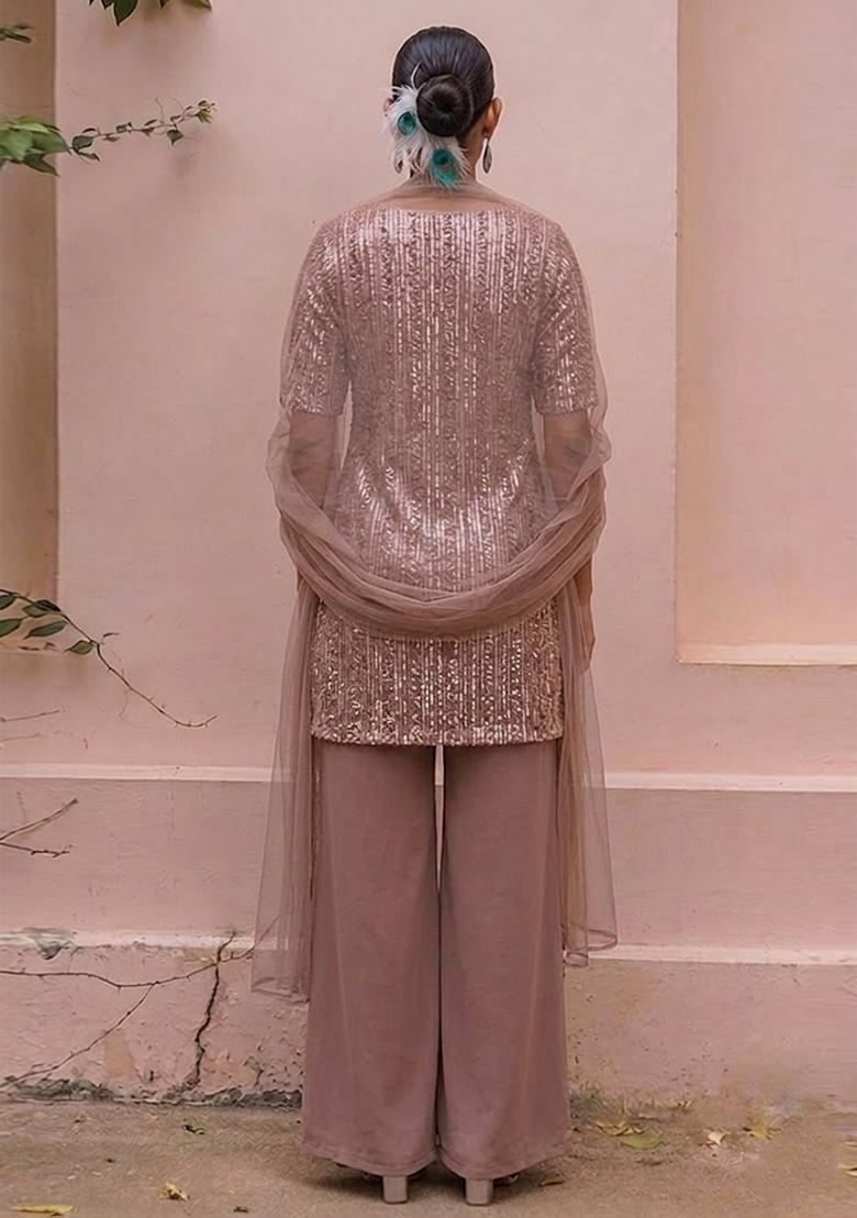 Rose Gold Embroidered Net Sharara Set - Indya