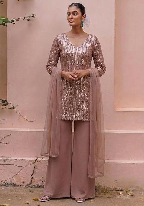 Rose Gold Embroidered Net Sharara Set