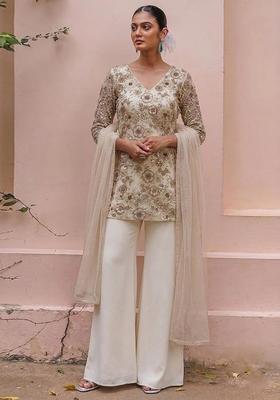 Golden Beige Embroidered Net Sharara Set