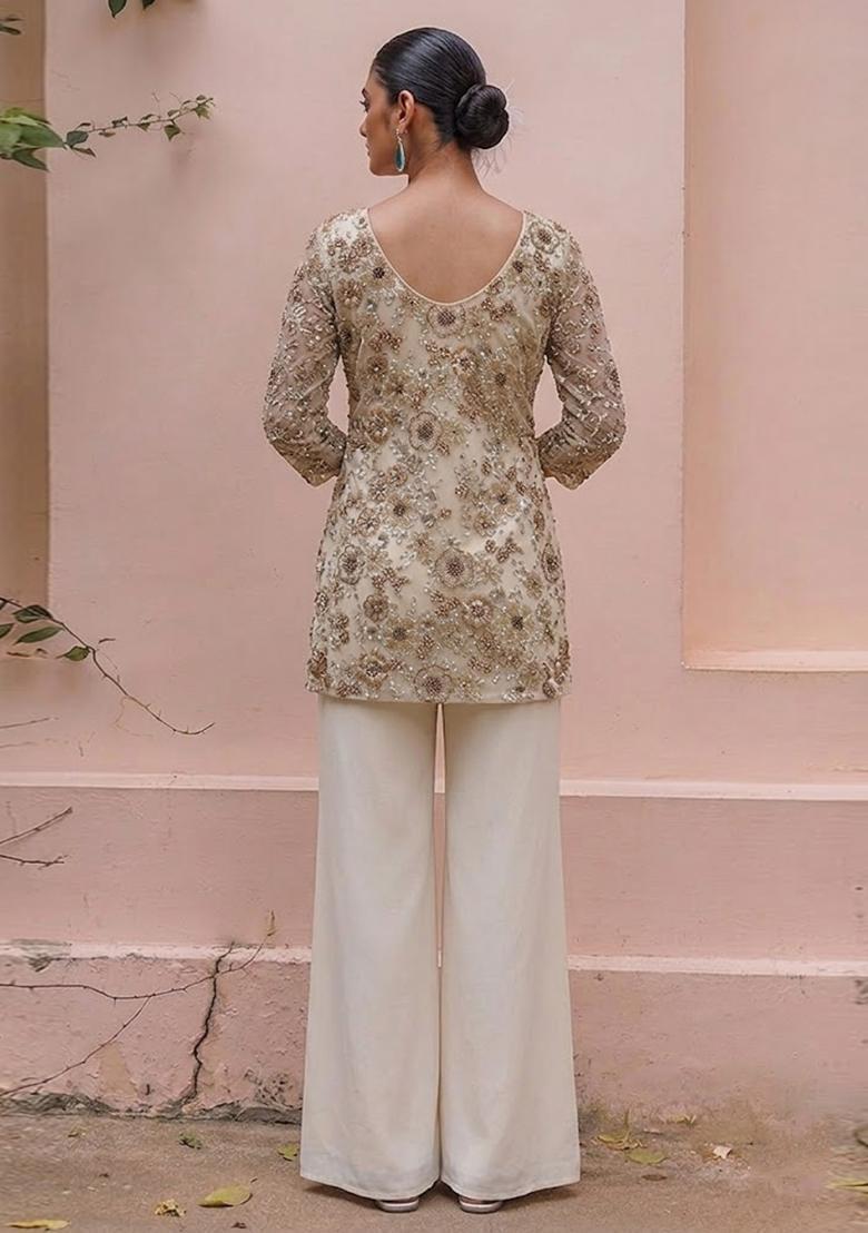 Golden Beige Embroidered Net Sharara Set - Indya