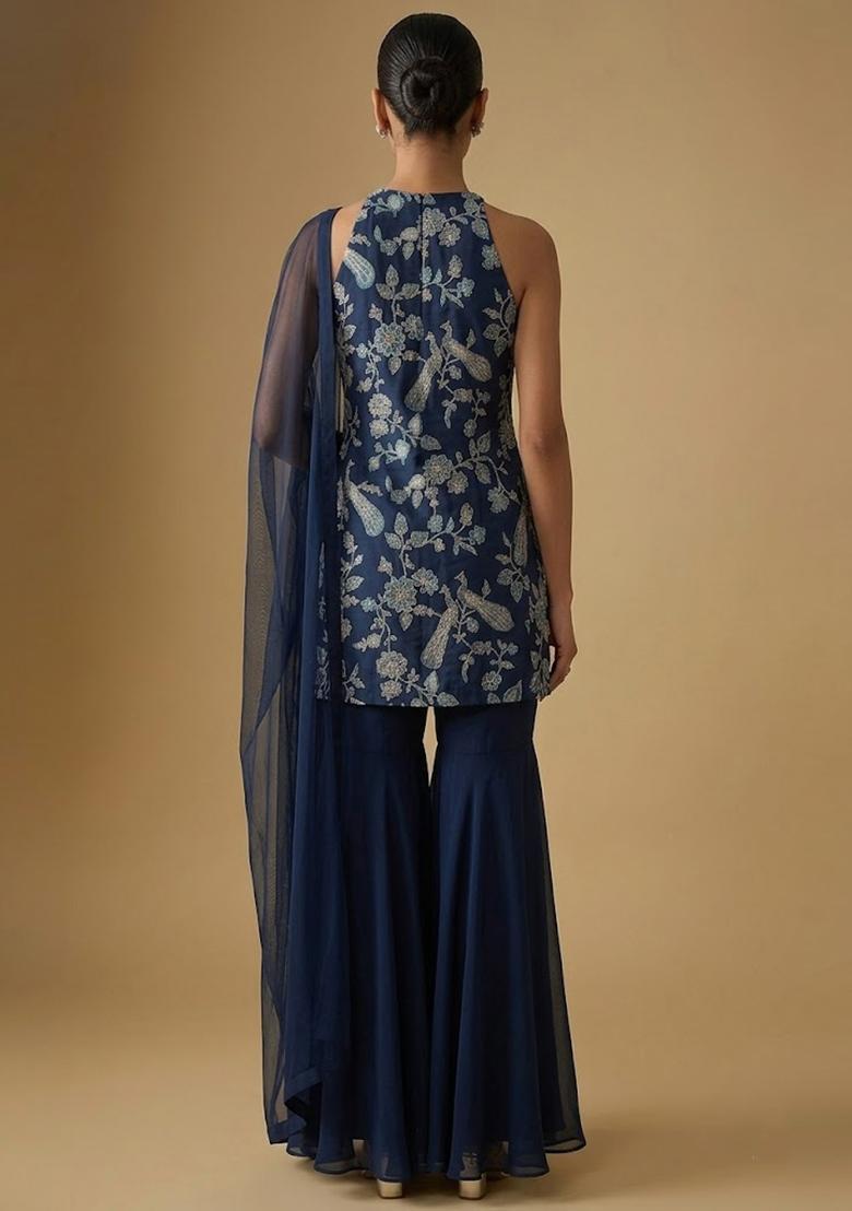 Navy Blue Printed Crepe Sharara Set - Indya