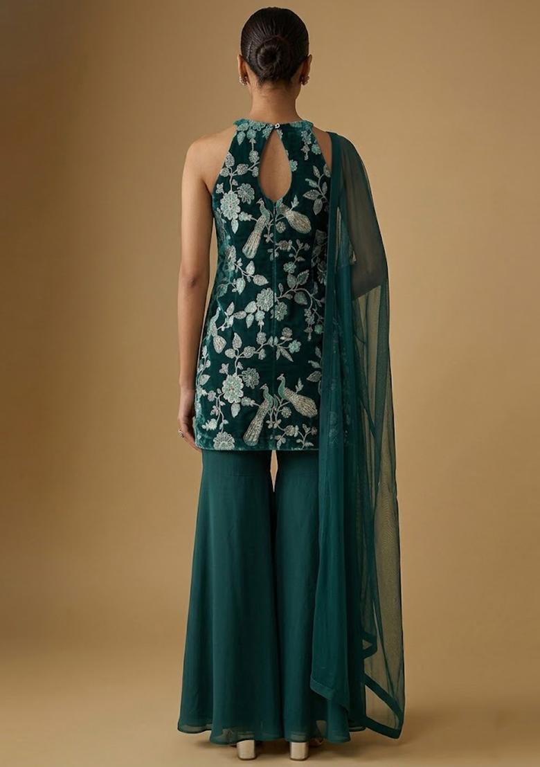 Teal Green Printed Crepe Sharara Set - Indya