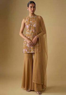 Camel Brown Printed Crepe Sharara Set