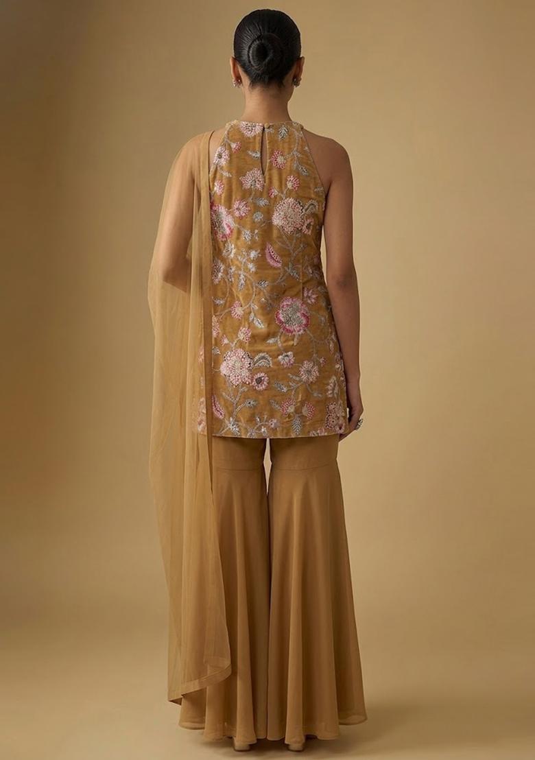 Camel Brown Printed Crepe Sharara Set - Indya