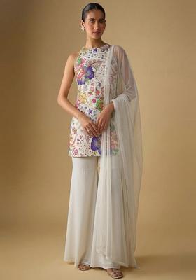 Off White Printed Chinon Sharara Set