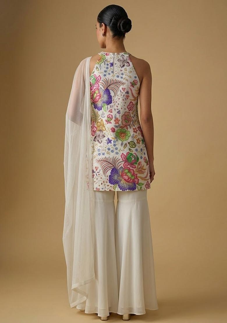 Off White Printed Chinon Sharara Set - Indya