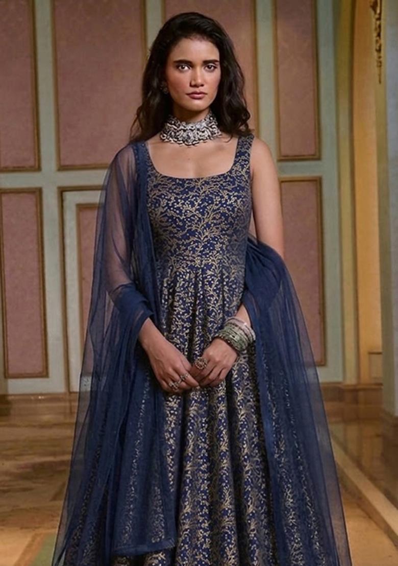 Navy Blue Brocade Anarkali with Dupatta - Indya