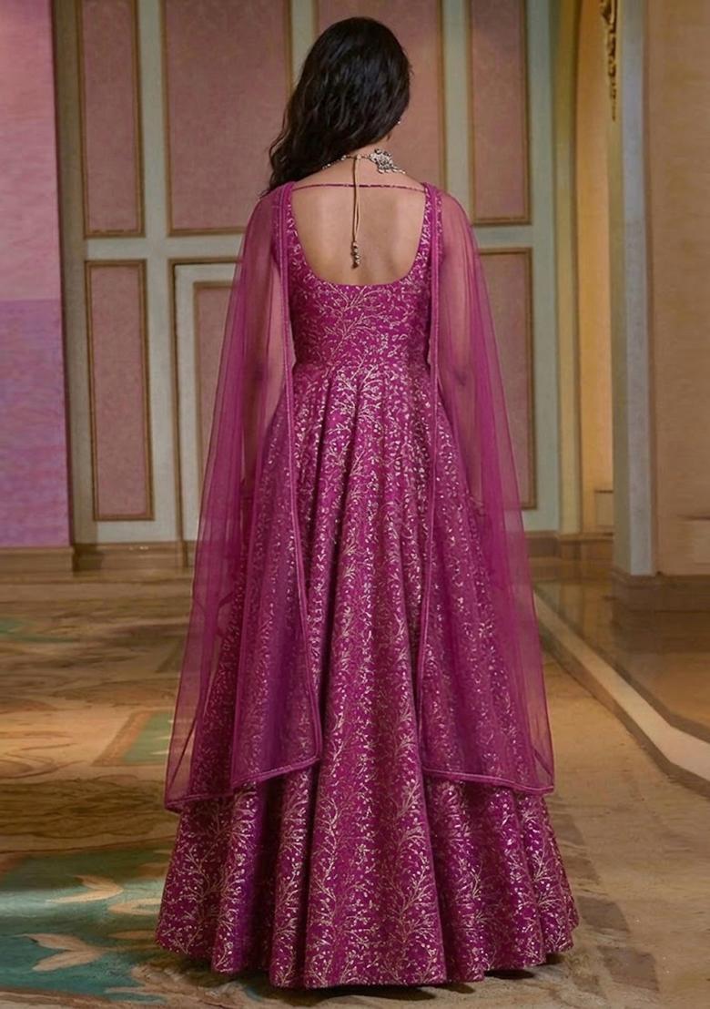 Magenta Pink Brocade Anarkali with Dupatta - Indya