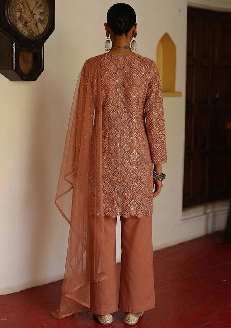 Copper Brown Embroidered Net Kurta Set - Indya