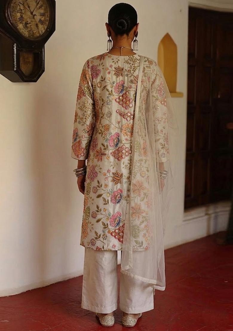 White Printed Crepe Kurta Set - Indya