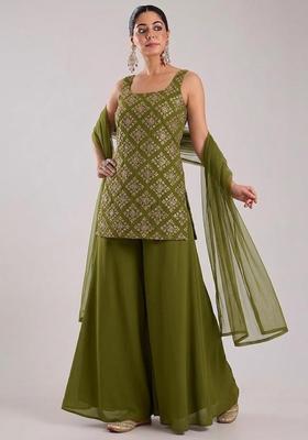 Olive Green Embroidered Crepe Sharara Set