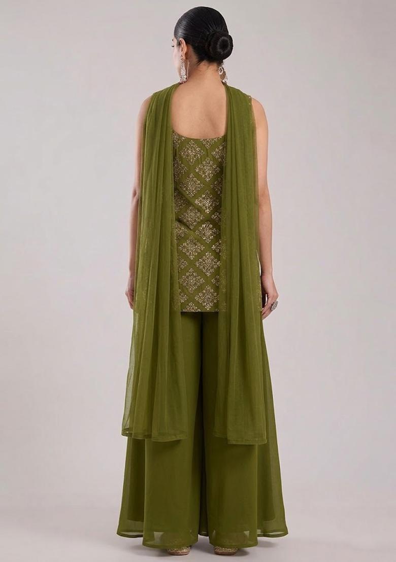 Olive Green Embroidered Crepe Sharara Set - Indya