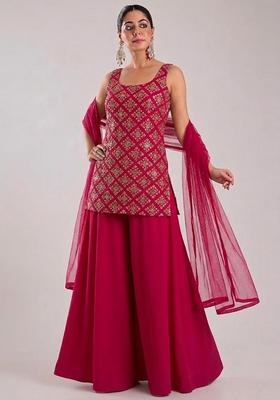 Hot Pink Embroidered Crepe Sharara Set