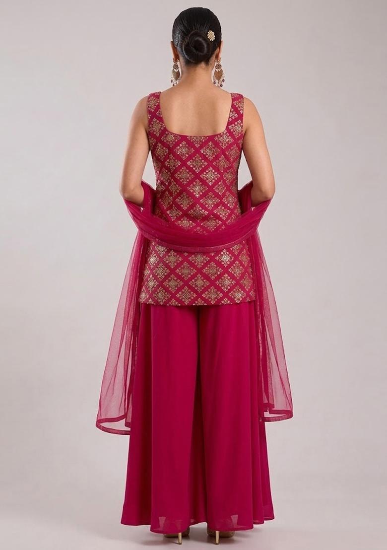 Hot Pink Embroidered Crepe Sharara Set - Indya