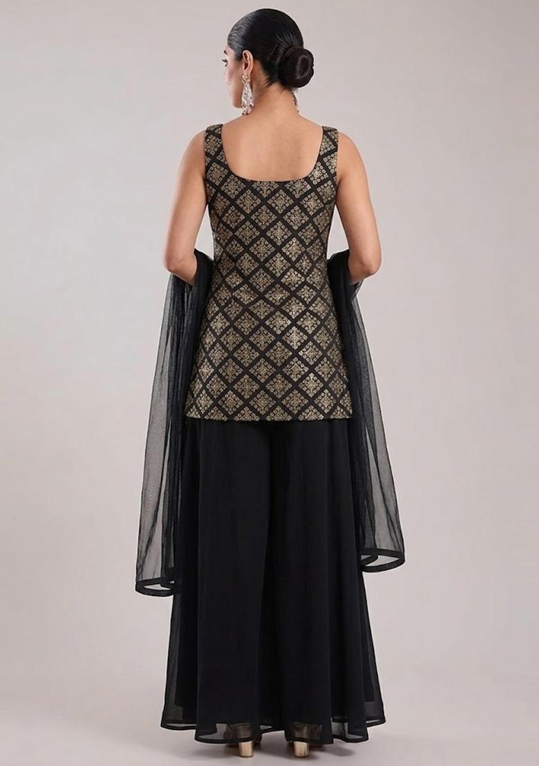 Jet Black Embroidered Crepe Sharara Set - Indya