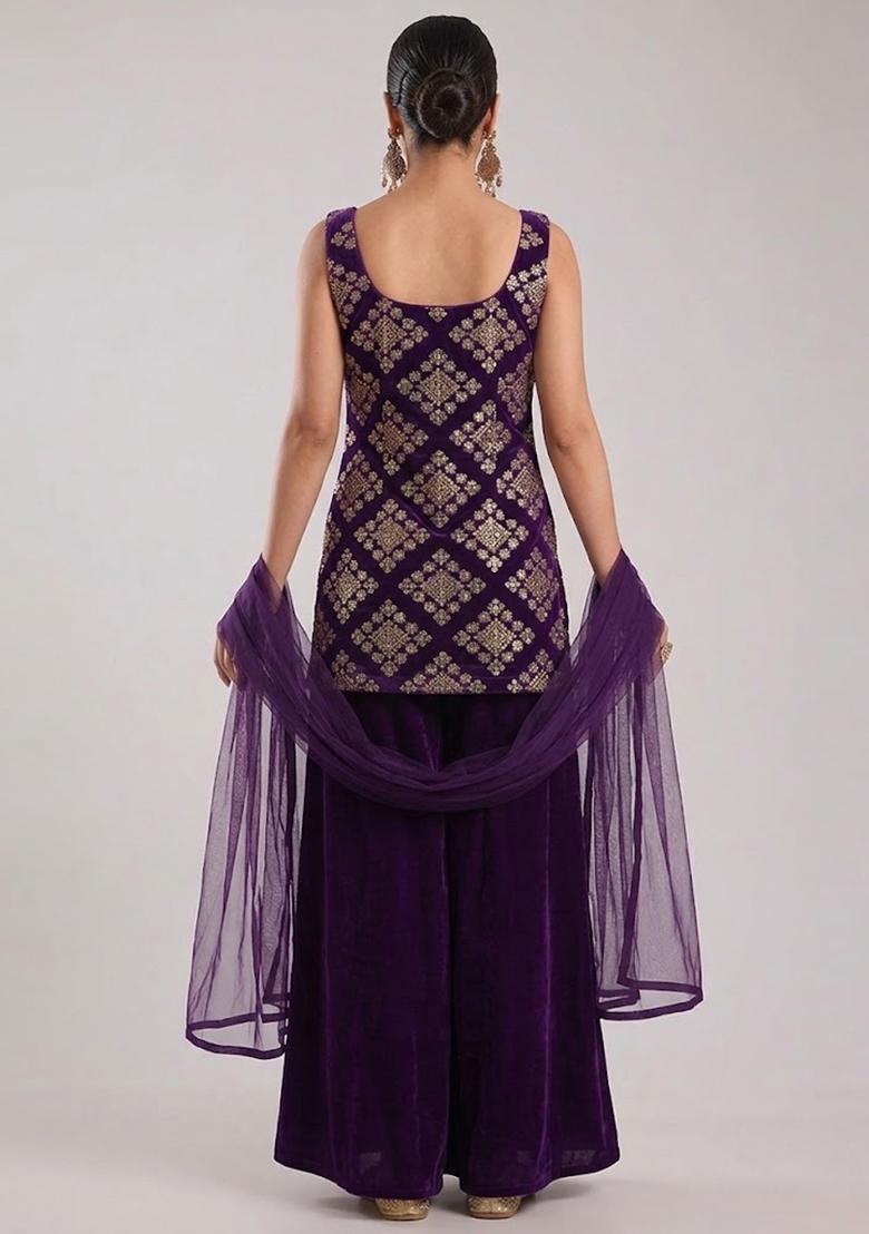 Deep Purple Embroidered Crepe Sharara Set - Indya