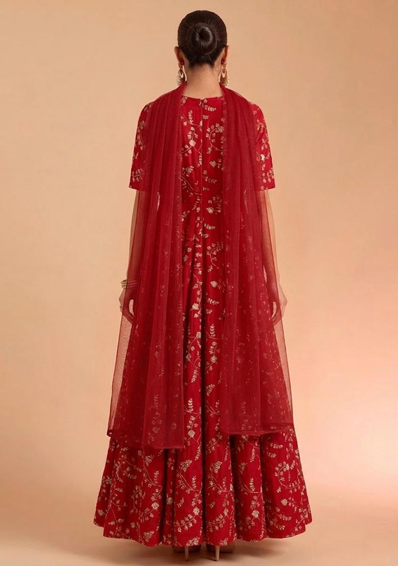 Crimson Red Embroidered Crepe Anarkali with Dupatta - Indya