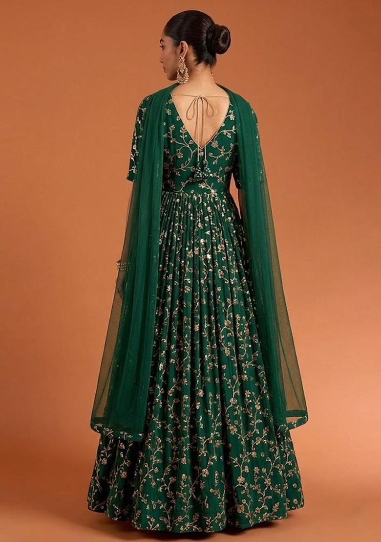 Bottle Green Embroidered Crepe Anarkali with Dupatta - Indya