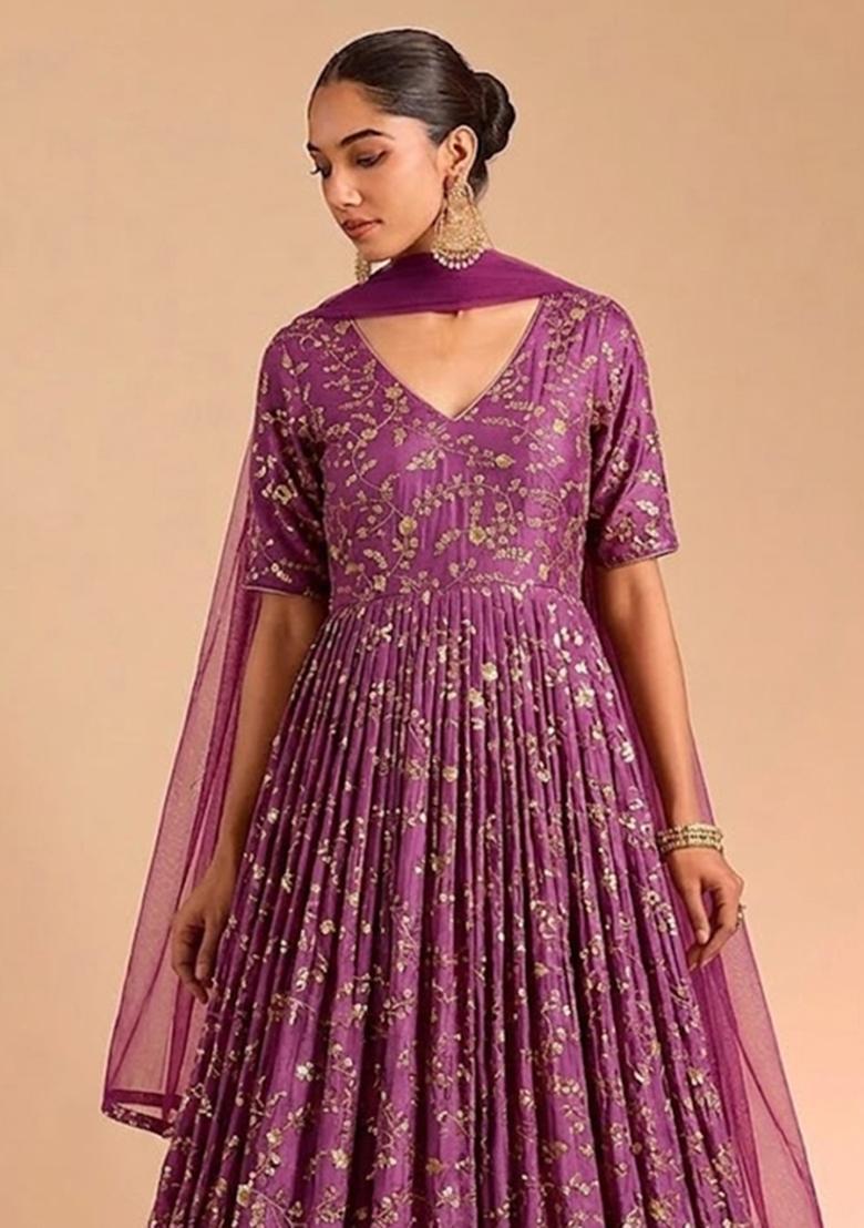 Purple Embroidered Crepe Anarkali with Dupatta - Indya