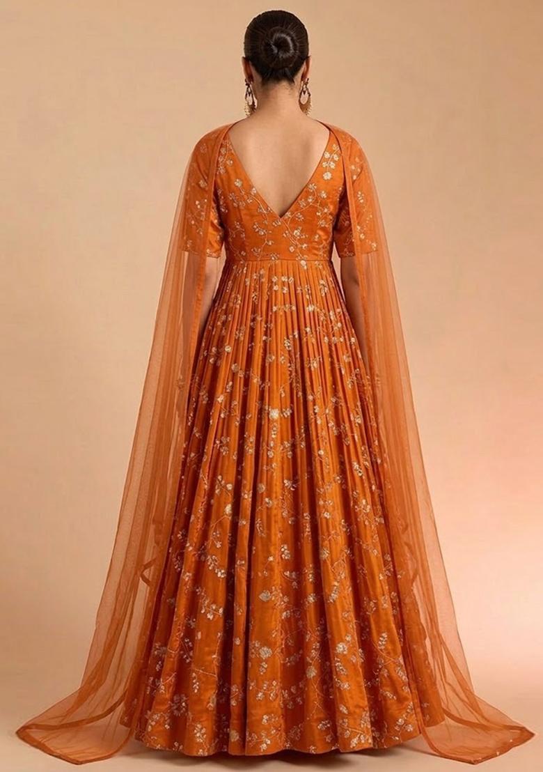 Burnt Orange Embroidered Crepe Anarkali with Dupatta - Indya