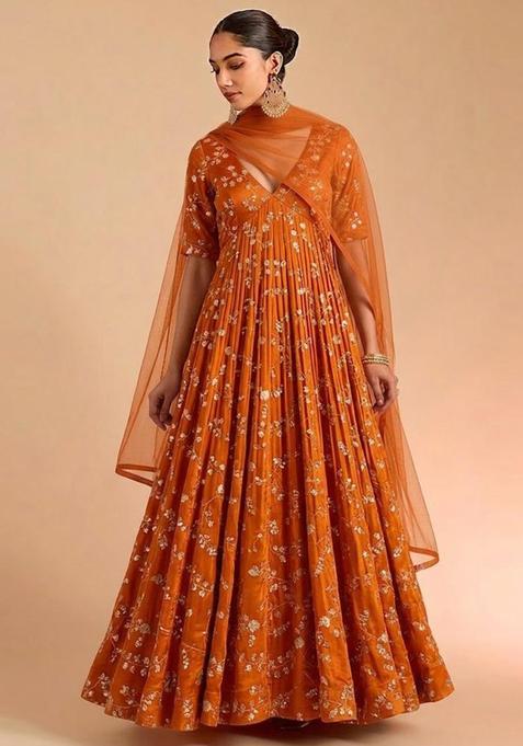 Burnt Orange Embroidered Crepe Anarkali with Dupatta
